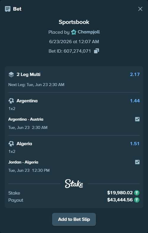 Bet slip: Jordan - Algeria, $20,000.00 stake at 1.51 odds, placed by Champjoll