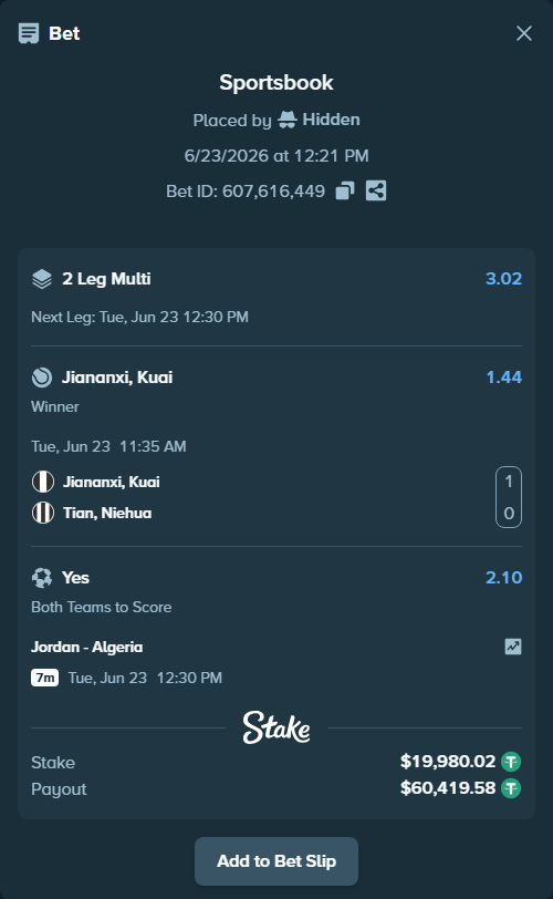 Bet slip: Jordan - Algeria, $20,000.00 stake at 2.10 odds, placed by Hidden