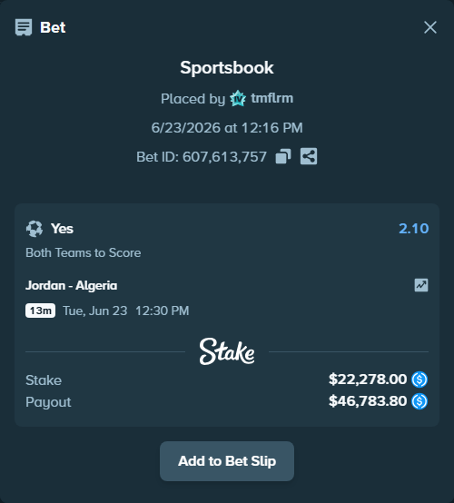 Bet slip: Jordan - Algeria, $22,278.00 stake at 2.10 odds, placed by tmflrm