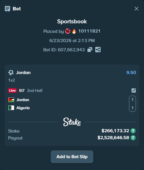 Bet slip: Jordan - Algeria, $266,439.50 stake at 9.50 odds, placed by 10111821