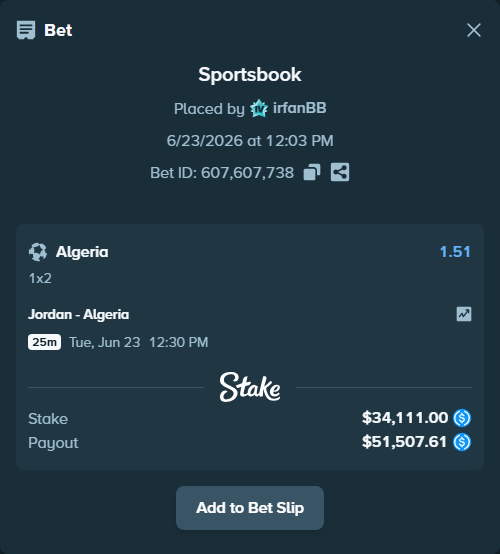 Bet slip: Jordan - Algeria, $34,111.00 stake at 1.51 odds, placed by irfanBB
