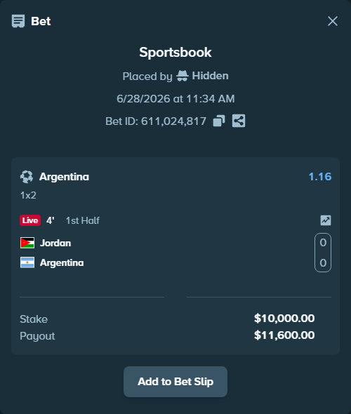 Bet slip: Jordan - Argentina, $10,000.00 stake at 1.16 odds, placed by Hidden