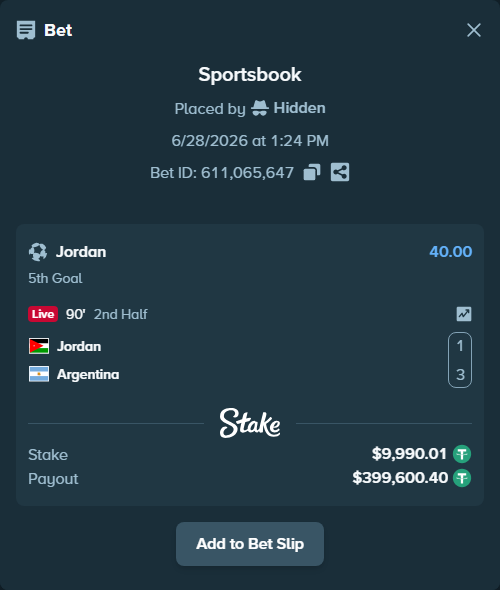 Bet slip: Jordan - Argentina, $10,000.00 stake at 40.00 odds, placed by Hidden