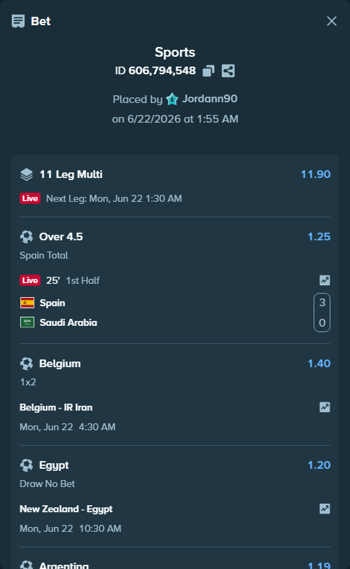 Bet slip: Jordan - Argentina, $10,028.11 stake at 1.19 odds, placed by Jordann90