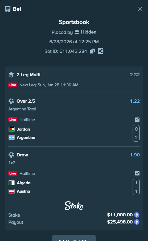 Bet slip: Jordan - Argentina, $12,300.32 stake at 1.22 odds, placed by Hidden