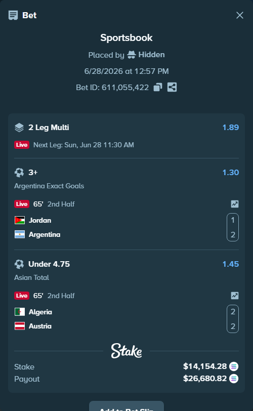 Bet slip: Jordan - Argentina, $16,454.00 stake at 1.30 odds, placed by Hidden