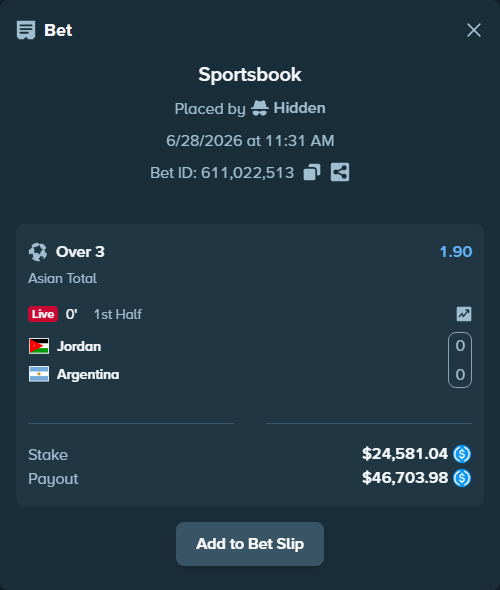 Bet slip: Jordan - Argentina, $24,581.04 stake at 1.90 odds, placed by Hidden