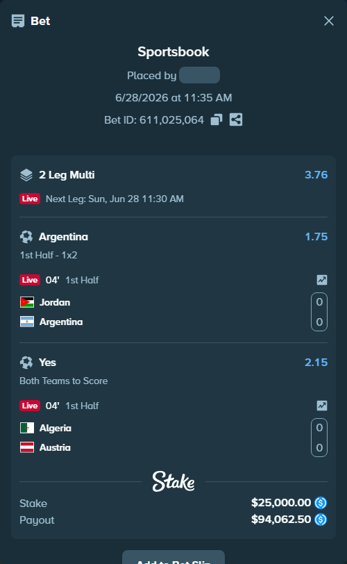 Bet slip: Jordan - Argentina, $25,000.00 stake at 1.75 odds, placed by Cabrzy