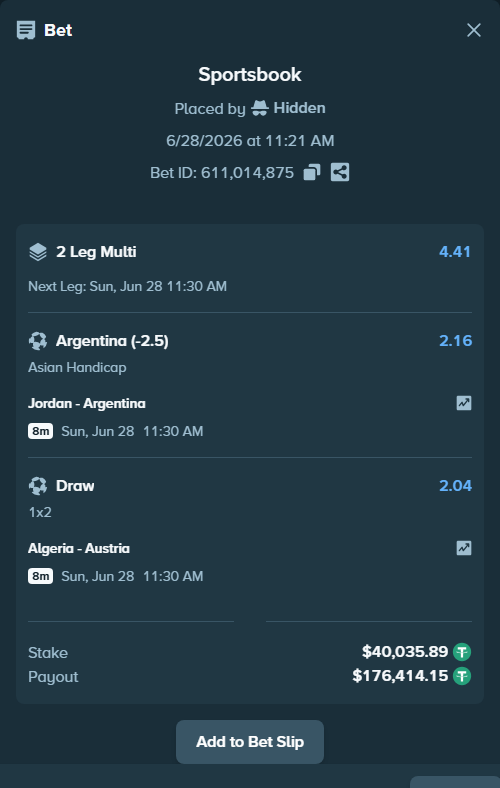 Bet slip: Jordan - Argentina, $40,075.93 stake at 2.16 odds, placed by Rosspicks