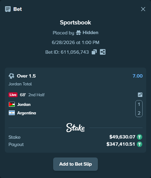 Bet slip: Jordan - Argentina, $49,679.70 stake at 7.00 odds, placed by Hidden