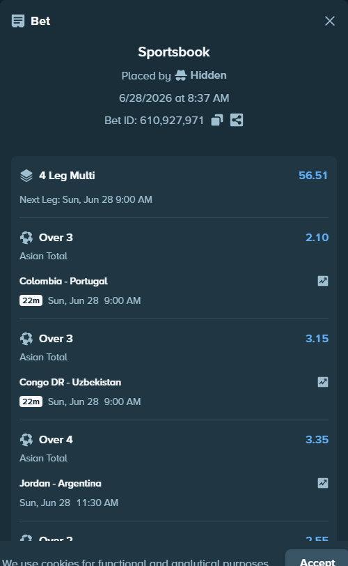 Bet slip: Jordan - Argentina, $50,000.00 stake at 3.35 odds, placed by Hidden