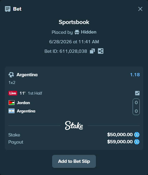 Bet slip: Jordan - Argentina, $50,000.00 stake at 1.18 odds, placed by Hidden