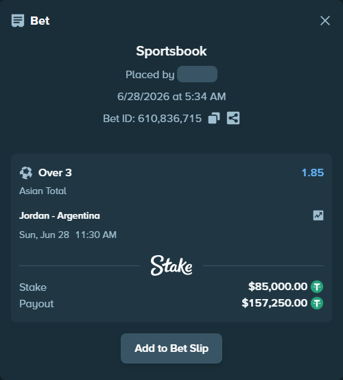 Bet slip: Jordan - Argentina, $85,085.00 stake at 1.85 odds, placed by Bajarangg83