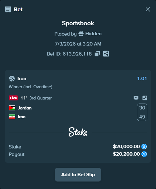 Bet slip: Jordan - Iran, $20,000.00 stake at 1.01 odds, placed by Hidden