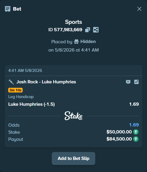 Bet slip: Josh Rock - Luke Humphries, $50,000.00 stake at 1.69 odds, placed by Hidden