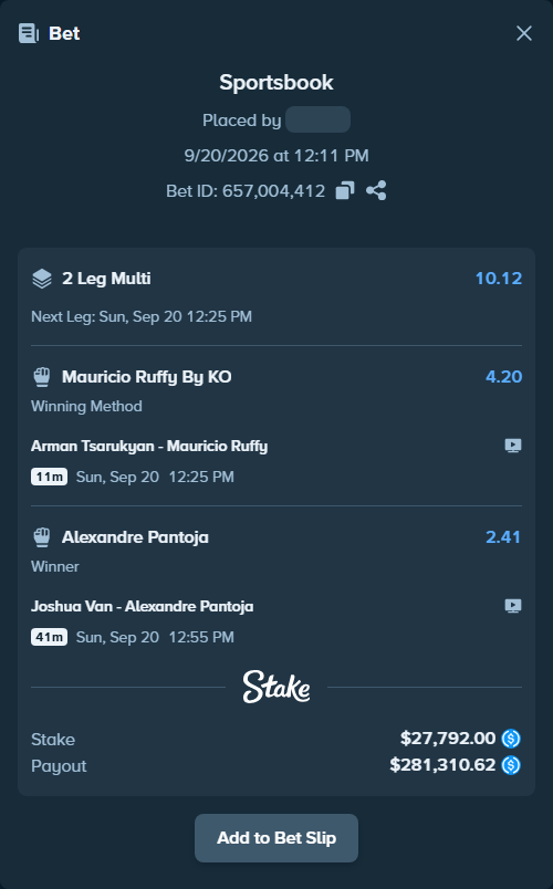 Bet slip: Joshua Van - Alexandre Pantoja, $27,792.00 stake at 2.41 odds, placed by FencerGG