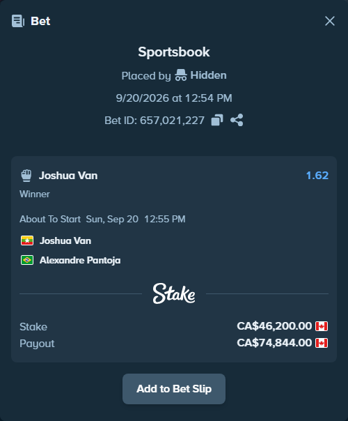 Bet slip: Joshua Van - Alexandre Pantoja, $34,188.00 stake at 1.62 odds, placed by Hidden