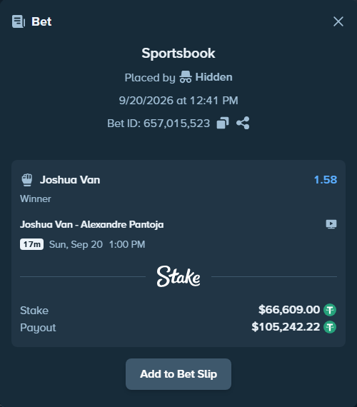 Bet slip: Joshua Van - Alexandre Pantoja, $66,609.00 stake at 1.58 odds, placed by Hidden