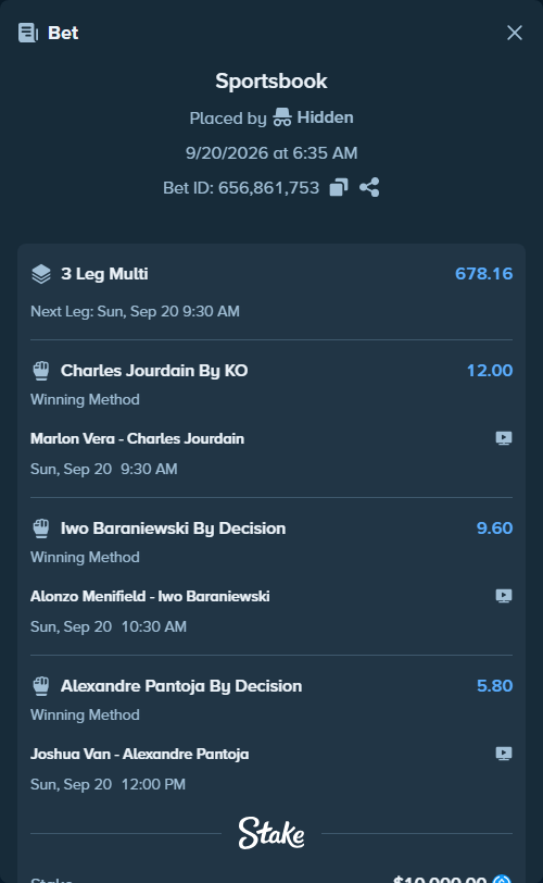 Bet slip: Joshua Van - Pantoja, Alexandre, $10,000.00 stake at 5.80 odds, placed by Hidden