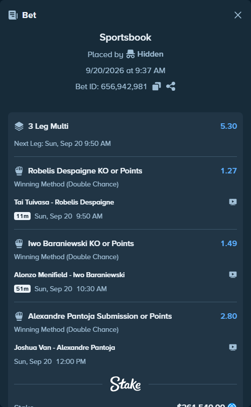 Bet slip: Joshua Van - Pantoja, Alexandre, $261,540.00 stake at 2.80 odds, placed by Hidden