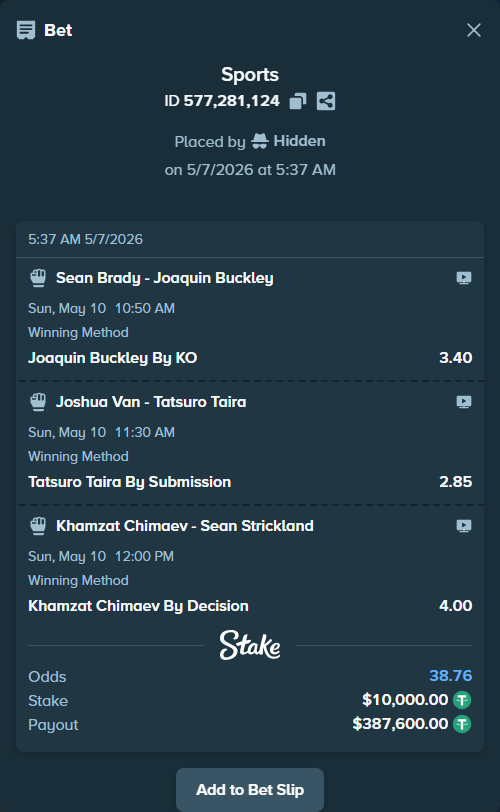 Bet slip: Joshua Van - Tatsuro Taira, $10,000.00 stake at 2.85 odds, placed by Hidden