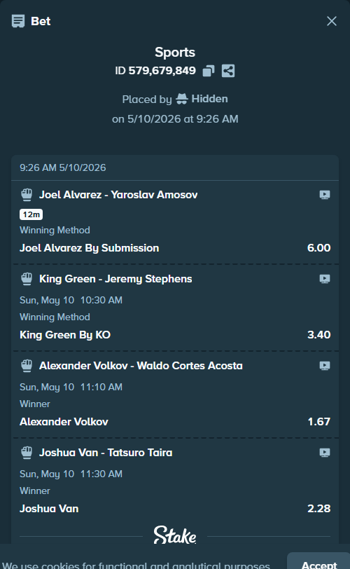 Bet slip: Joshua Van - Tatsuro Taira, $10,000.00 stake at 2.28 odds, placed by Hidden