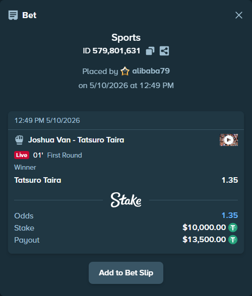 Bet slip: Joshua Van - Tatsuro Taira, $10,000.00 stake at 1.35 odds, placed by alibaba79