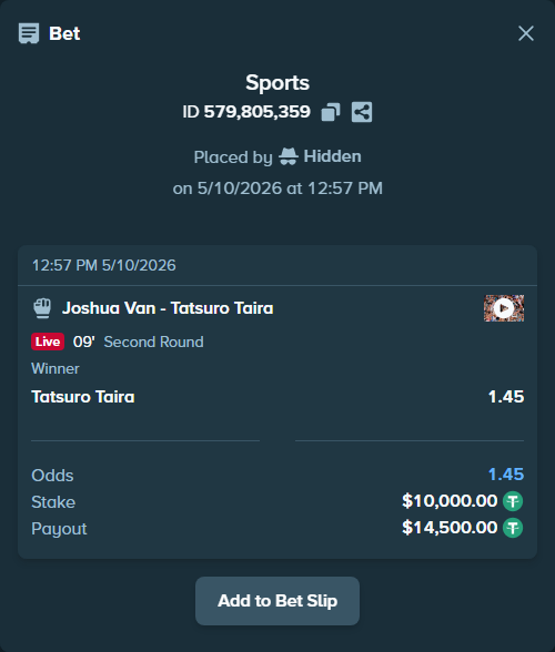 Bet slip: Joshua Van - Tatsuro Taira, $10,000.00 stake at 1.45 odds, placed by alibaba79