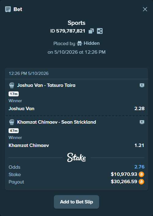 Bet slip: Joshua Van - Tatsuro Taira, $8,714.49 stake at 2.28 odds, placed by Hidden