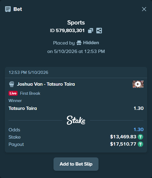 Bet slip: Joshua Van - Tatsuro Taira, $13,469.83 stake at 1.30 odds, placed by Hidden