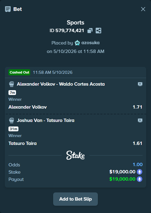 Bet slip: Joshua Van - Tatsuro Taira, $14,188.59 stake at 1.61 odds, placed by azosuka