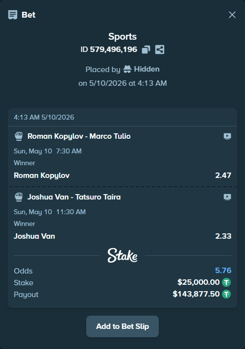 Bet slip: Joshua Van - Tatsuro Taira, $25,000.00 stake at 2.33 odds, placed by Hidden