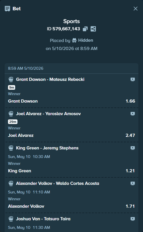 Bet slip: Joshua Van - Tatsuro Taira, $25,000.00 stake at 2.28 odds, placed by Hidden