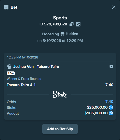 Bet slip: Joshua Van - Tatsuro Taira, $25,000.00 stake at 7.40 odds, placed by Hidden