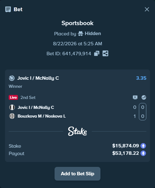 Bet slip: Jovic I / McNally C - Bouzkova M / Noskova L, $16,354.09 stake at 3.35 odds, placed by Hidden