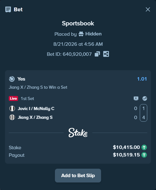 Bet slip: Jovic I / McNally C - Jiang X / Zhang S, $10,415.00 stake at 1.01 odds, placed by RyazheniyPetuh