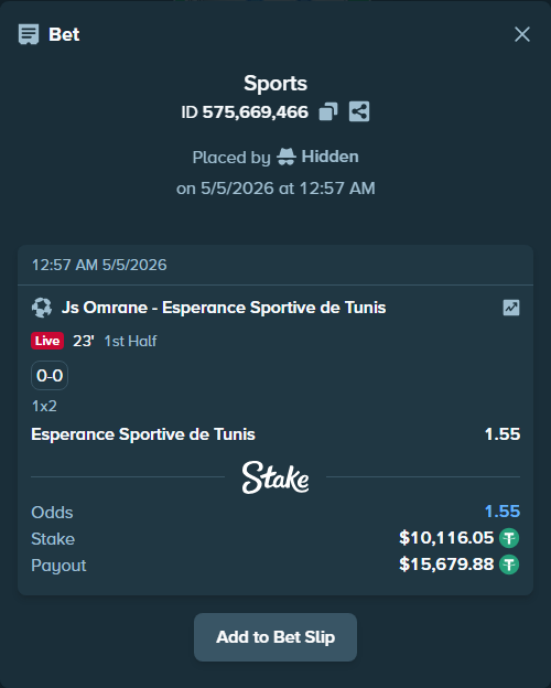 Bet slip: JS Omrane - Esperance Sportive de Tunis, $10,116.05 stake at 1.55 odds, placed by Hidden
