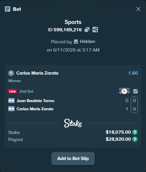 Bet slip: Juan Bautista Torres - Carlos Maria Zarate, $18,093.07 stake at 1.60 odds, placed by Hidden