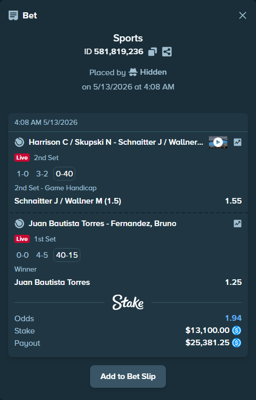 Bet slip: Juan Bautista Torres - Fernandez, Bruno, $13,100.00 stake at 1.25 odds, placed by Hidden