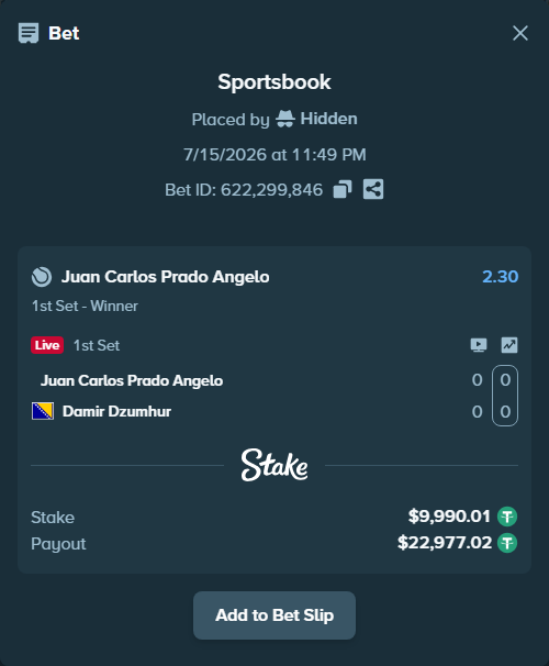 Bet slip: Juan Carlos Prado Angelo - Damir Dzumhur, $10,000.00 stake at 2.30 odds, placed by Hidden