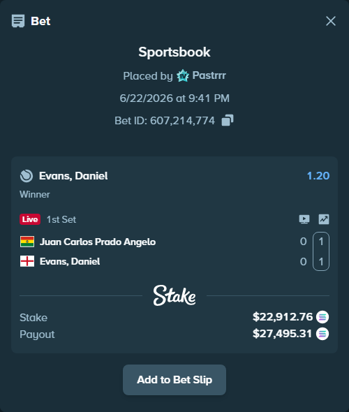 Bet slip: Juan Carlos Prado Angelo - Evans, Daniel, $22,859.03 stake at 1.20 odds, placed by Pastrrr