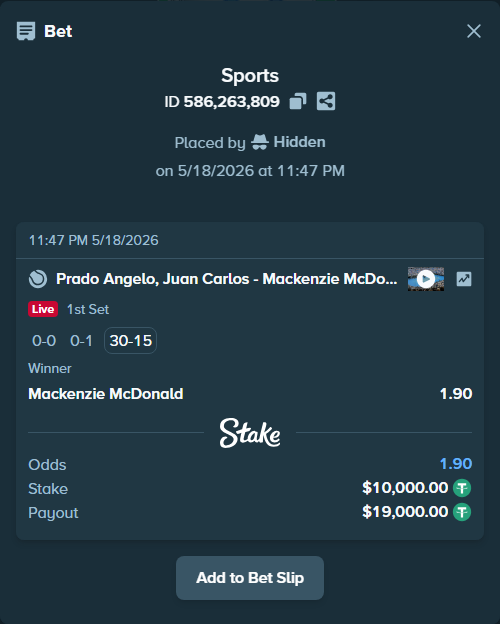 Bet slip: Juan Carlos Prado Angelo - Mackenzie McDonald, $10,000.00 stake at 1.90 odds, placed by Hidden