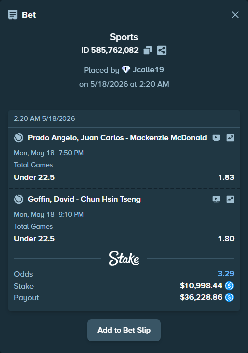 Bet slip: Juan Carlos Prado Angelo - Mackenzie McDonald, $10,998.44 stake at 1.83 odds, placed by Jcalle19