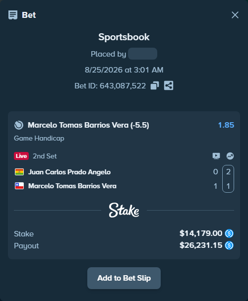 Bet slip: Juan Carlos Prado Angelo - Marcelo Tomas Barrios Vera, $14,179.00 stake at 1.85 odds, placed by privetmedvet15