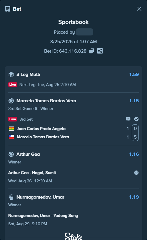 Bet slip: Juan Carlos Prado Angelo - Marcelo Tomas Barrios Vera, $20,012.42 stake at 1.15 odds, placed by Jupavelli