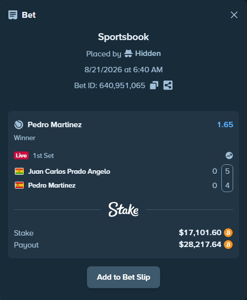 Bet slip: Juan Carlos Prado Angelo - Pedro Martinez, $17,614.81 stake at 1.65 odds, placed by Hidden