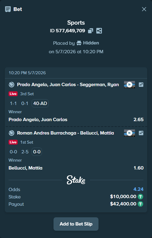 Bet slip: Juan Carlos Prado Angelo - Seggerman, Ryan, $10,000.00 stake at 2.65 odds, placed by Hidden