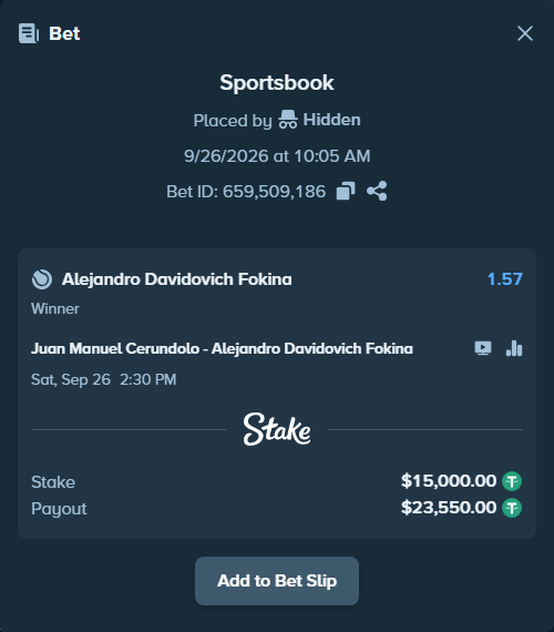 Bet slip: Juan Manuel Cerundolo - Alejandro Davidovich Fokina, $15,000.00 stake at 1.57 odds, placed by Hidden