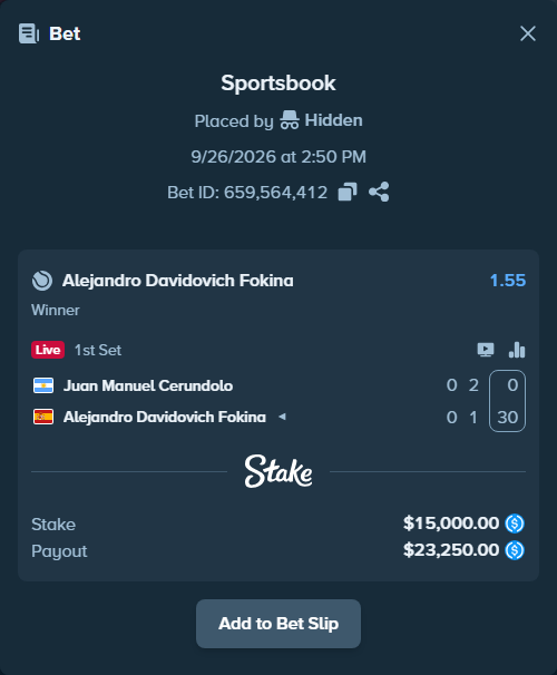 Bet slip: Juan Manuel Cerundolo - Alejandro Davidovich Fokina, $15,000.00 stake at 1.55 odds, placed by Hidden
