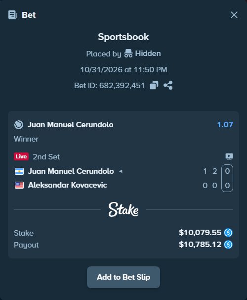 Bet slip: Juan Manuel Cerundolo - Aleksandar Kovacevic, $10,079.55 stake at 1.07 odds, placed by Hidden